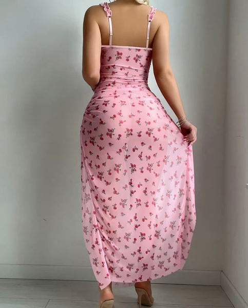 Women Sexy Sleeveless Side Splits Floral Mesh Nightgown