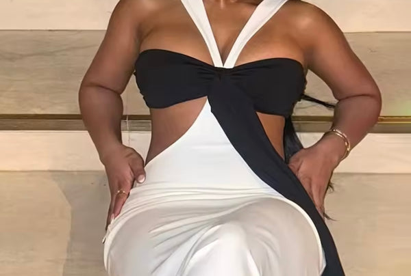 Women Sexy Halter Sleeveless B&W Bow Cut Out Maxi Dress