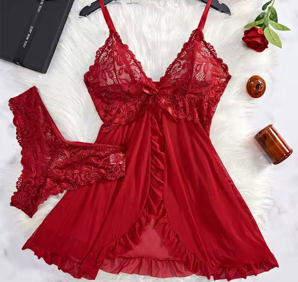 Women Sexy Sleeveless Ruffled Lace Mesh Nightgown Lingerie Set