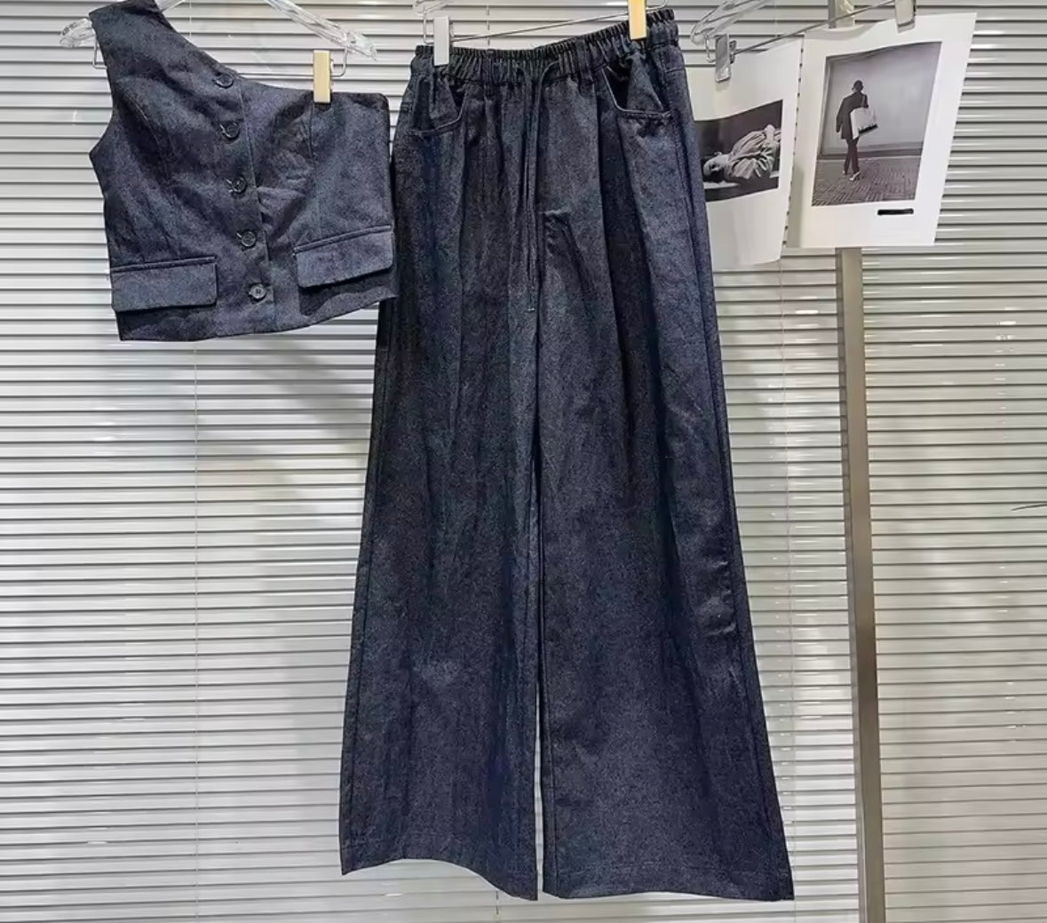Women Fashion Button Up One Shoulder Two Piece Wide Leg Pant Set