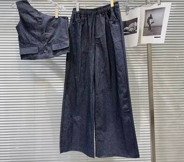 Women Fashion Button Up One Shoulder Two Piece Wide Leg Pant Set