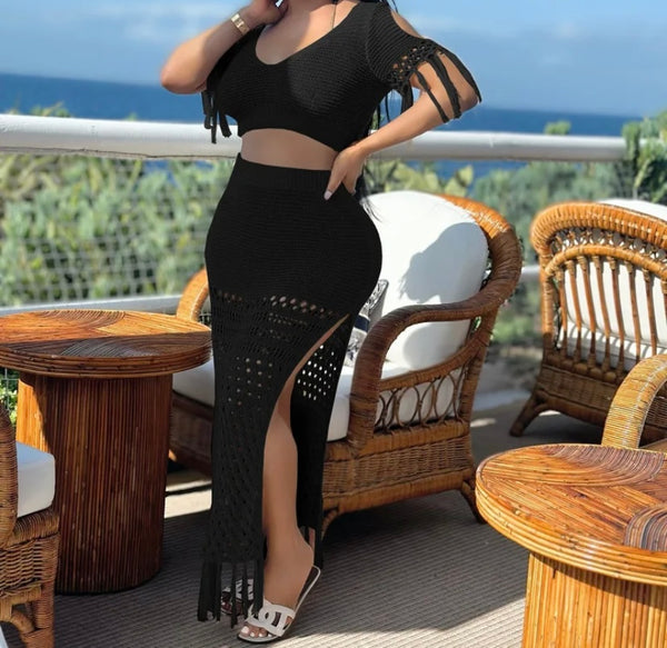 Women Sexy Short Sleeve Knitted Solid Color Two Piece Maxi Skirt Set