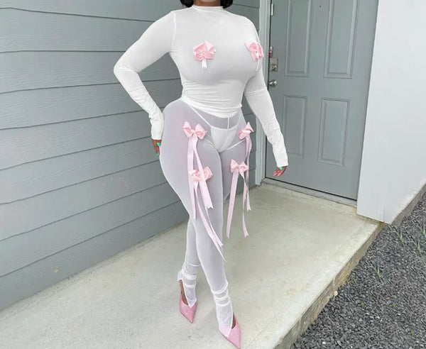 Women Sexy Fashion Full Sleeve White Pink Bow Two Piece Pant Set