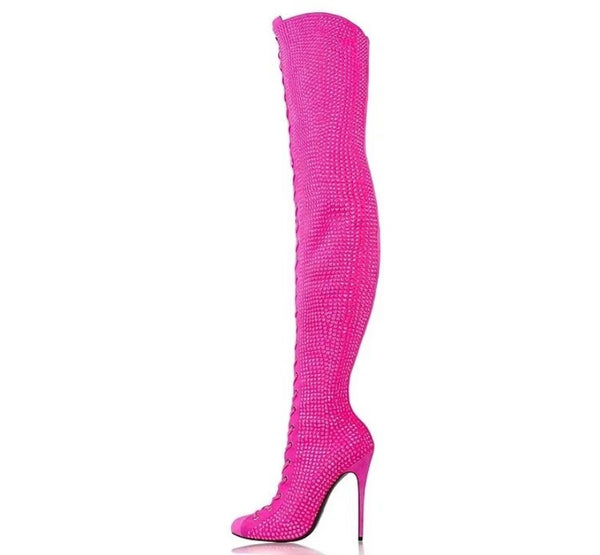 Women Pink Lace Up Rhinestone Fashion Knee High Boots