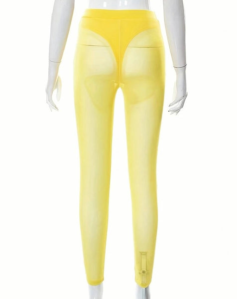 Women Sexy Fashion Yellow Mesh Pants