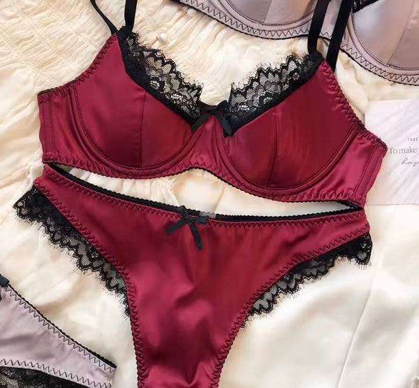 Women Sexy Satin Lace Bow Lingerie Set