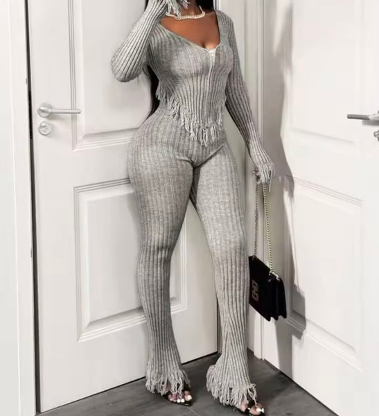 Women Gray Ribbed Fringe Full Sleeve Fashion Two Piece Pant Set