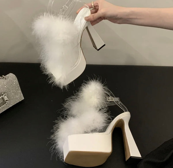 Women Fashion Faux Fur Platform High Heel Sandals