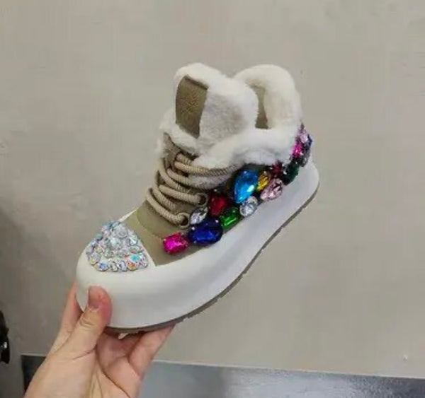 Women Fashion Platform Colorful Gem Faux Fur Patchwork Sneakers