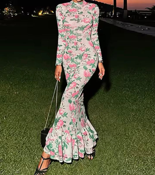 Women Sexy Floral Full Sleeve Maxi Dress