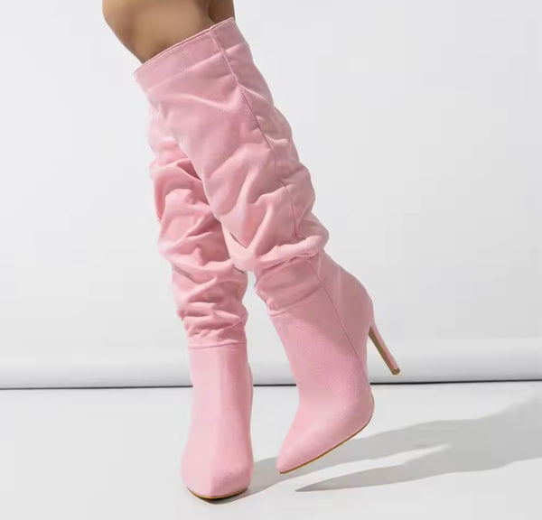 Women Fashion Suede Ruched Knee High Boots