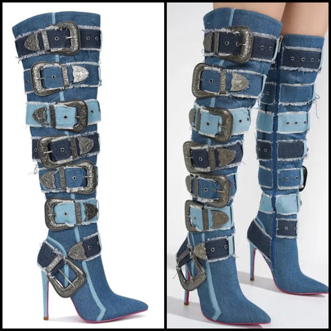 Women Fashion Color Patchwork Buckled Denim Knee High Boots