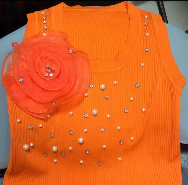 Women Sleeveless Floral Pearl Rhinestone Ribbed Tank Top