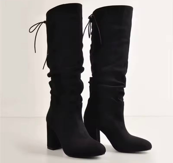Women Fashion Black Patent Leather/Suede Tie Up Knee High Boots