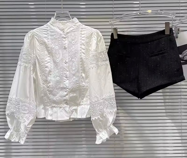 Women Ruffle Button Up Full Sleeve Two Piece Tweed Short Set