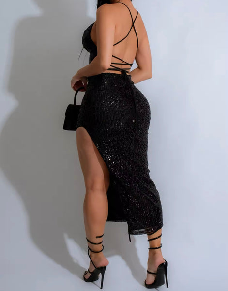 Women Sexy Sleeveless Sequins Open Back Two Piece Maxi Skirt Set