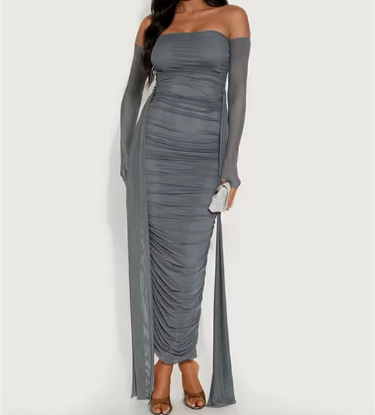 Women Sexy Off The Shoulder Mesh Full Sleeve Ruched Maxi Dress