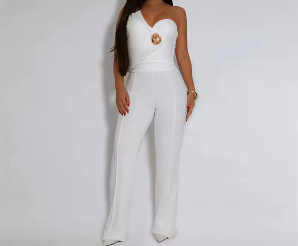 Women One Shoulder Sleeveless Solid Color Two Piece Pant Set