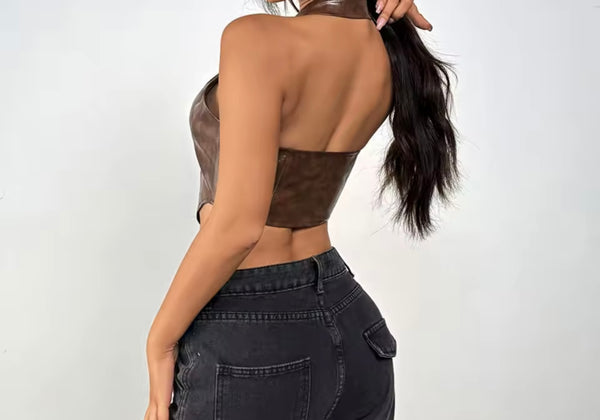 Women Sexy Fashion Faux Leather Halter Lace Up Top