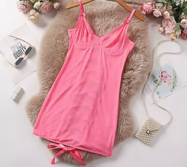 Women Sexy Sleeveless Open Back Lace Up Mesh Nightgown Lingerie