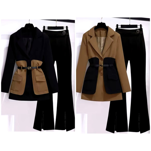 Women Color Patchwork Belted Full Sleeve Blazer Two Piece Pant Set