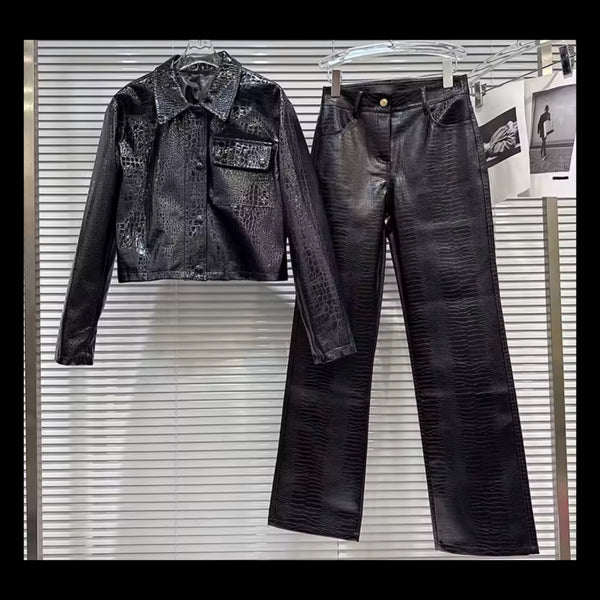 Women Fashion Faux Leather Two Piece Black Jacket Pant Set