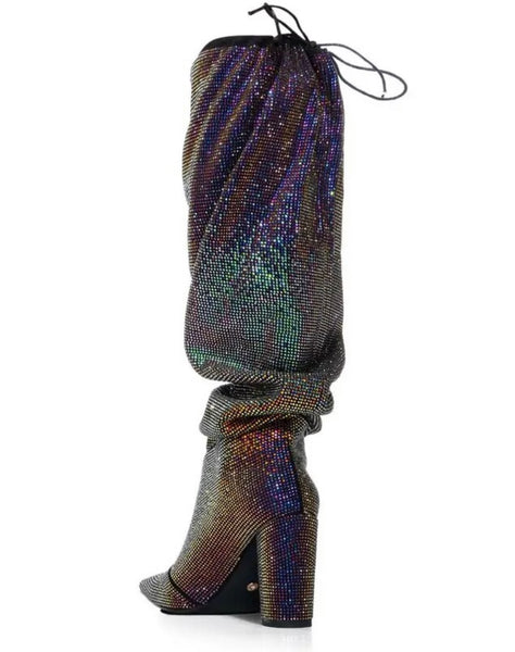 Women Colorful Bling Drawstring Knee High Boots