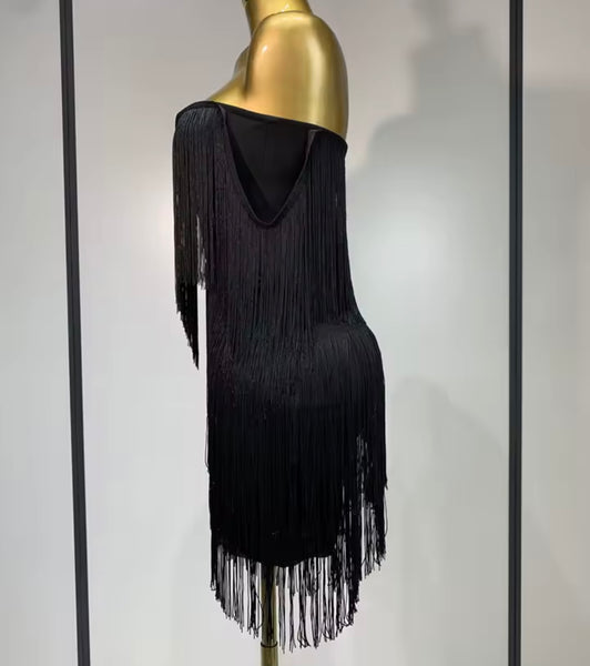 Women Sexy Strapless Solid Color Fringe Tassel Dress