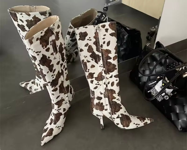 Women Fashion Animal Print Pointed Toe Knee High Boots