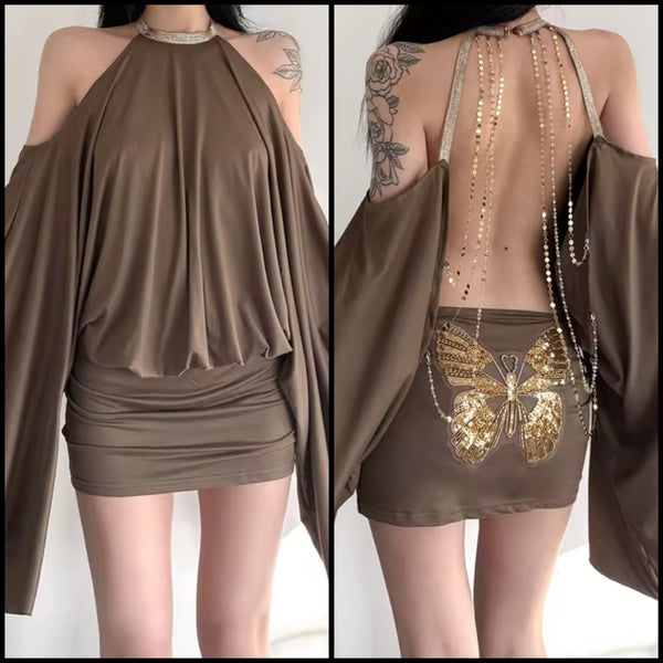 Women Brown Sexy Halter Open Back Butterfly Ruched Dress