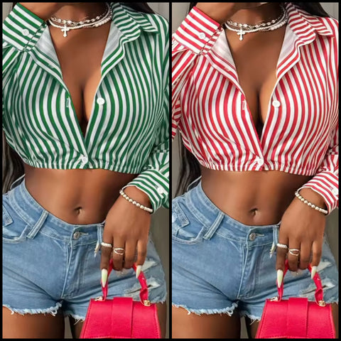 Women Color Striped Button Up Fashion Full Sleeve Crop Top