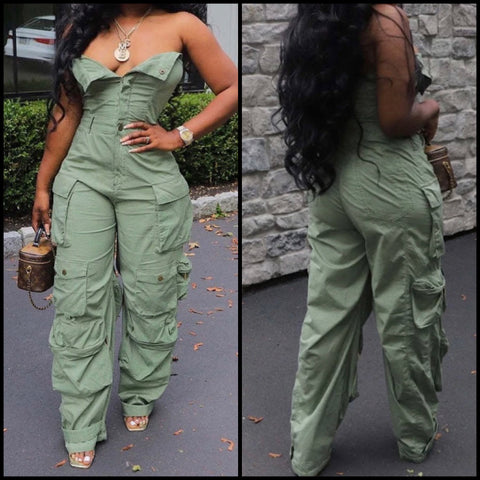 Women Sexy Strapless Button Up Cargo Fashion Jumpsuit