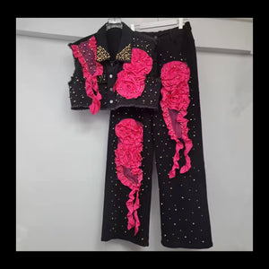 Women Sleeveless Rivet Floral Denim Vest Two Piece Pant Set