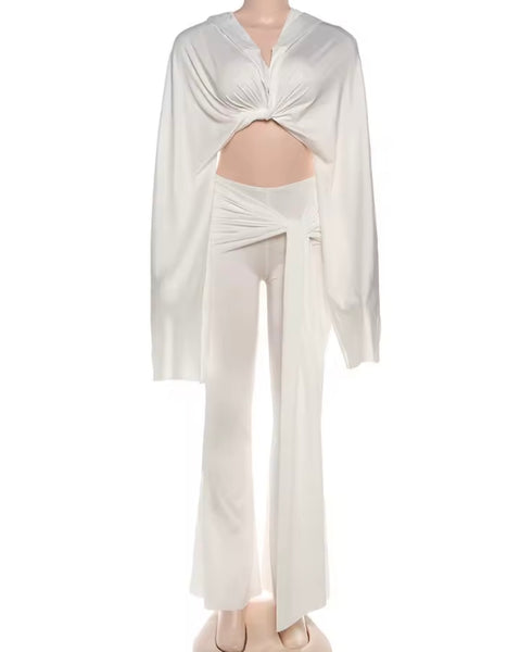 Women White Hooded Tie Up Full Sleeve Two Piece Pant Set