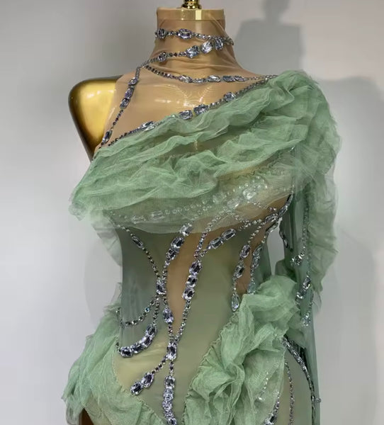 Women Green Ruffle Rhinestone One Shoulder Asymmetrical Dress