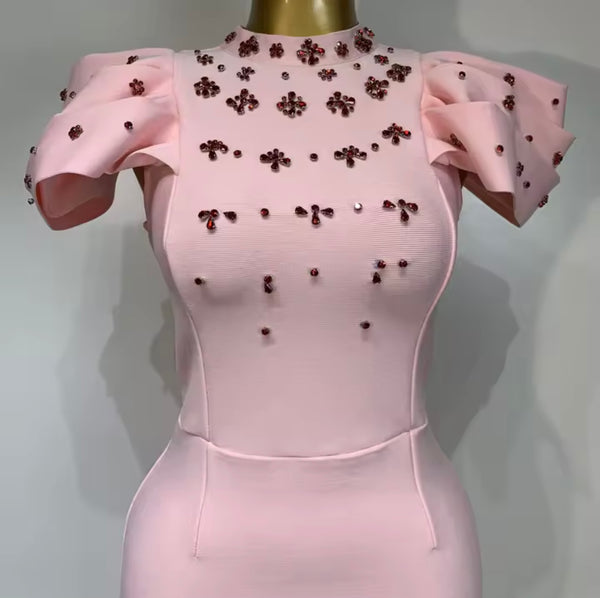 Women Elegant Crystal Patchwork Short Sleeve Maxi Dress