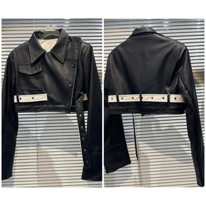 Women Fashion B&W Faux Leather Belted Jacket