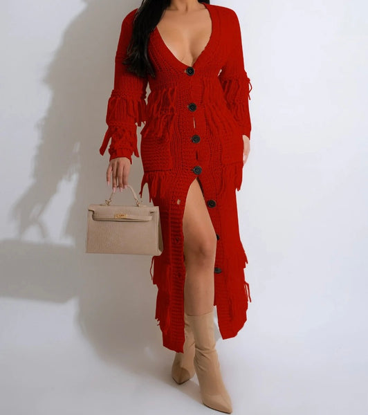 Women Sexy Button Up Full Sleeve Fringe Maxi Dress