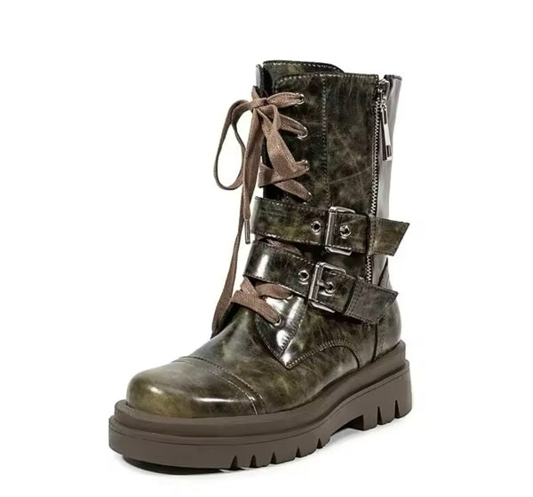 Women Color Buckled Lace Up Fashion Flat Boots