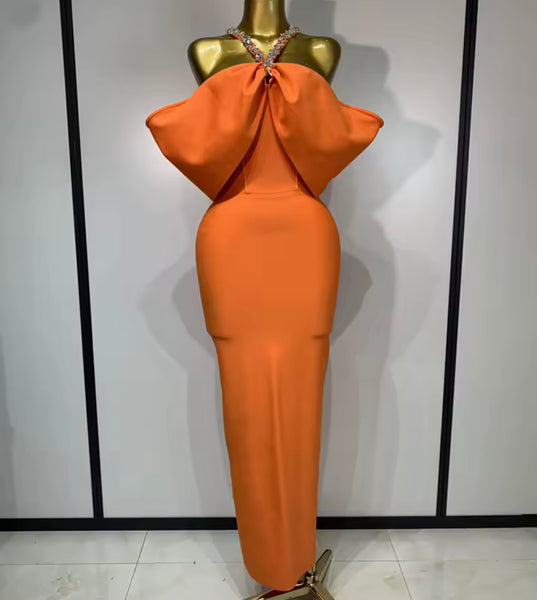 Women Sexy Orange Rhinestone Halter Off The Shoulder Maxi Dress