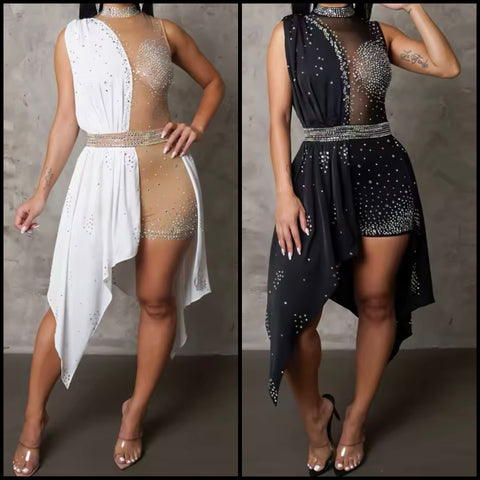 Women Sexy Sleeveless Bling Mesh Patchwork Asymmetrical Romper