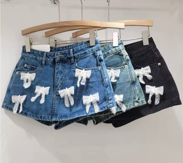 Women Fashion Bow Patchwork Denim Wrap Shorts