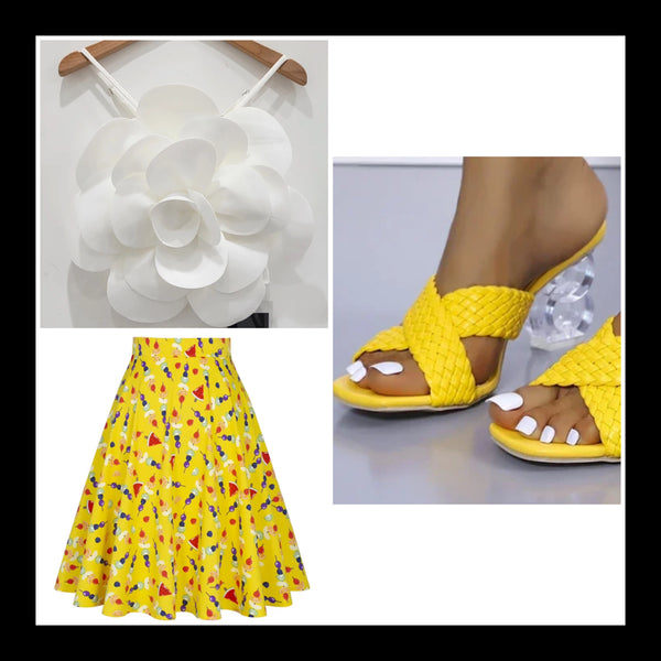 Women Yellow Fashion Fruit Print Pleated Skirt