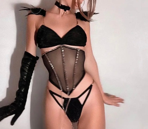 Women Sexy Black Bling Feather Lingerie Set