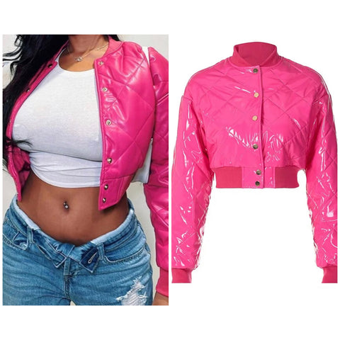 Women Pink Button Up PU Fashion Crop Jacket