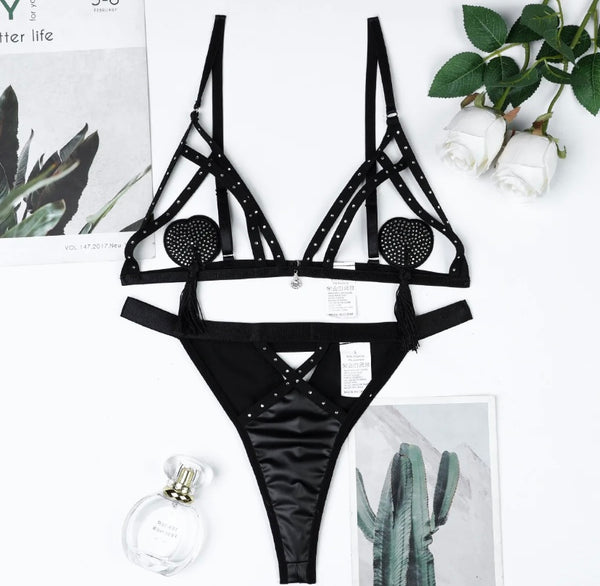 Women Sexy Black PU Heart Tassel Lingerie Set
