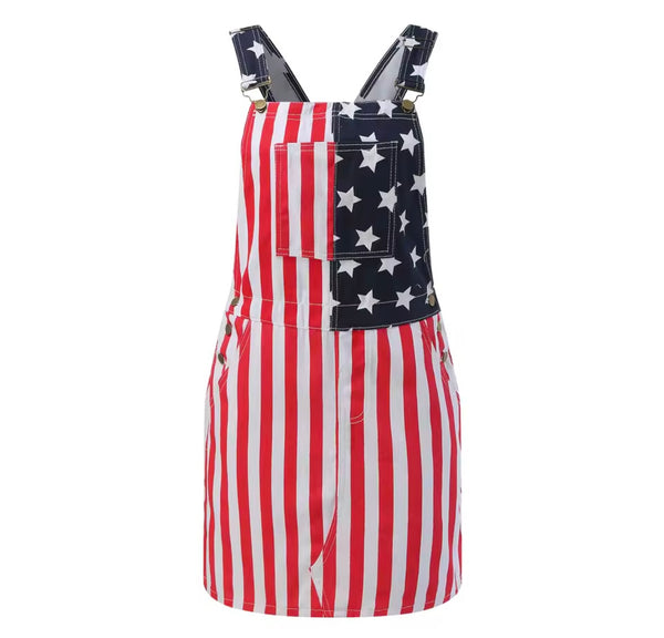 Women Fashion Sleeveless Flag Denim Overall Dress