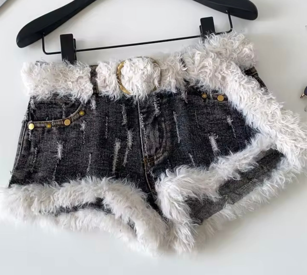 Women Fashion Ripped Faux Fur Patchwork Denim Shorts