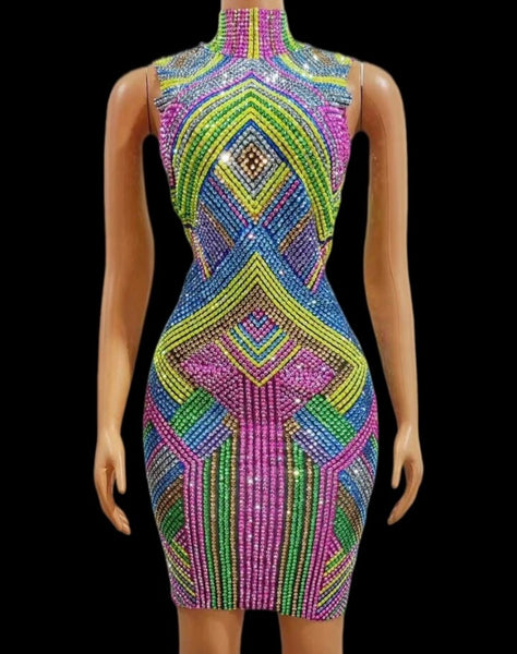 Women Sexy Sleeveless Multicolored Rhinestone Dress