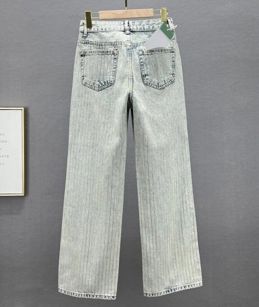 Women Fashion Rhinestone Striped Denim Pants